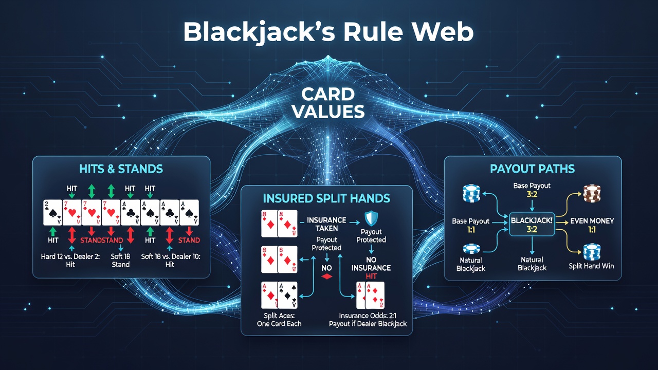 Detailed diagram of payout paths when insurance and multiple splits combine in blackjack