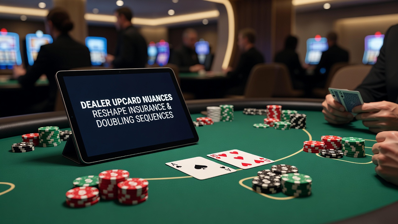 Close-up of blackjack chips and cards illustrating doubling and insurance bet placements