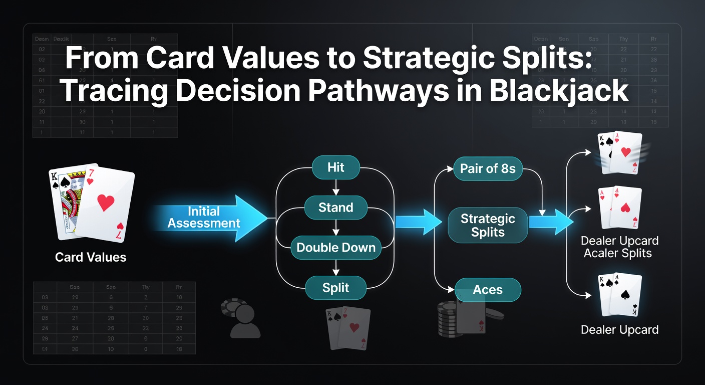 Diagram showing card values and initial decision pathways in blackjack strategy