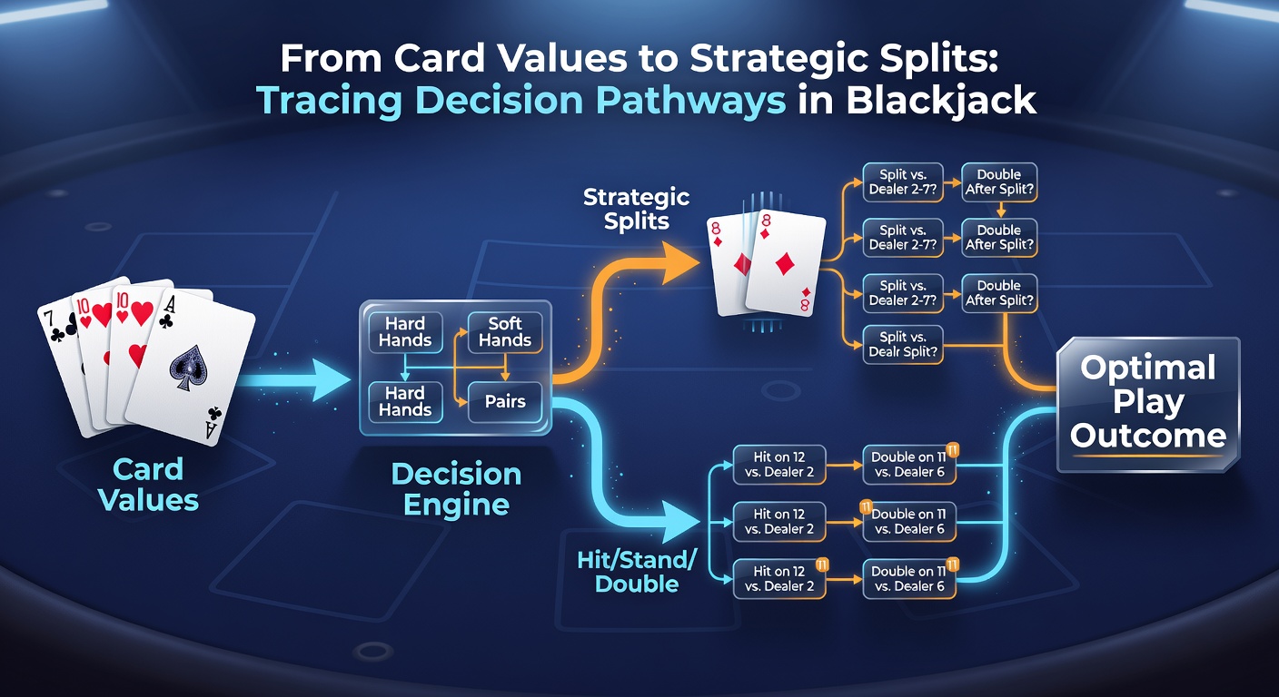 Flowchart illustrating strategic split decisions based on card pairs and dealer upcards