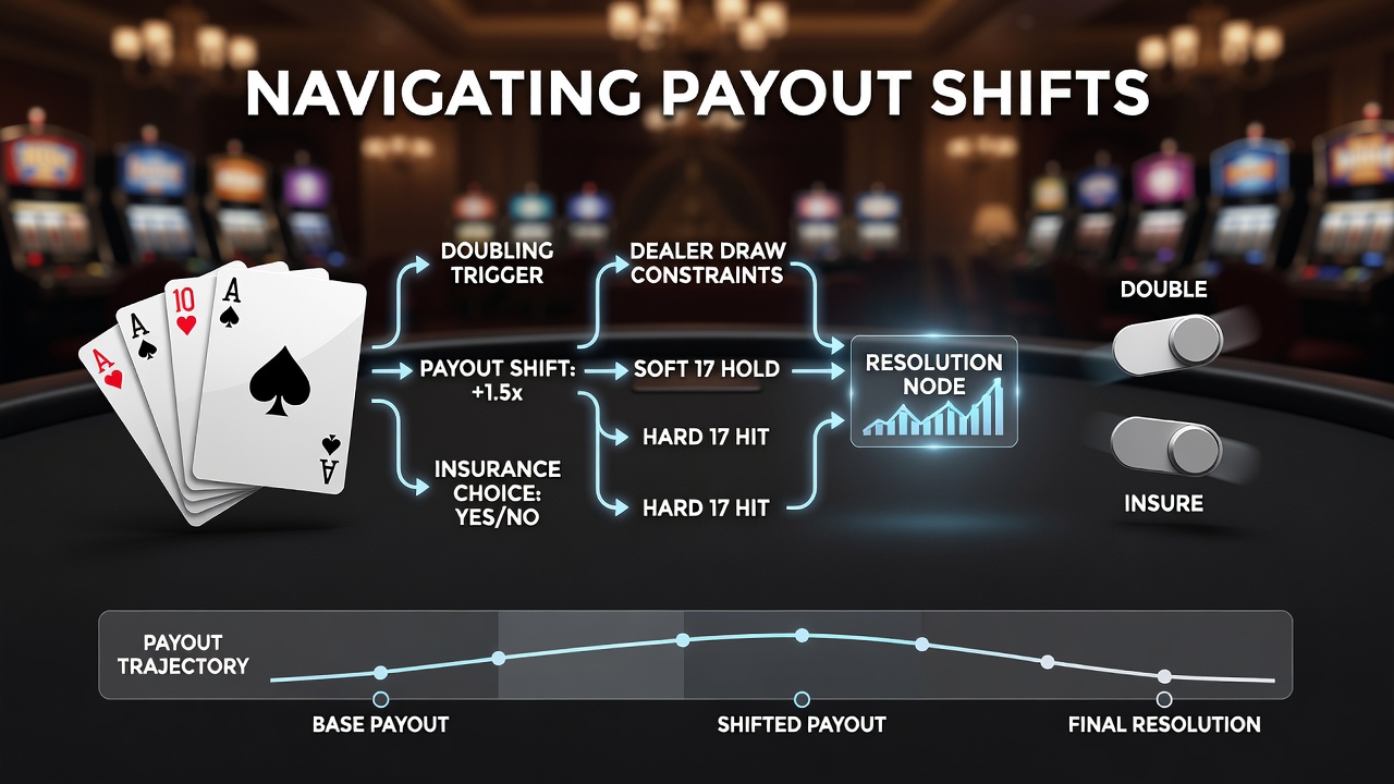 Blackjack table layout showing card rankings during doubling and insurance scenarios with dealer draw limits in play