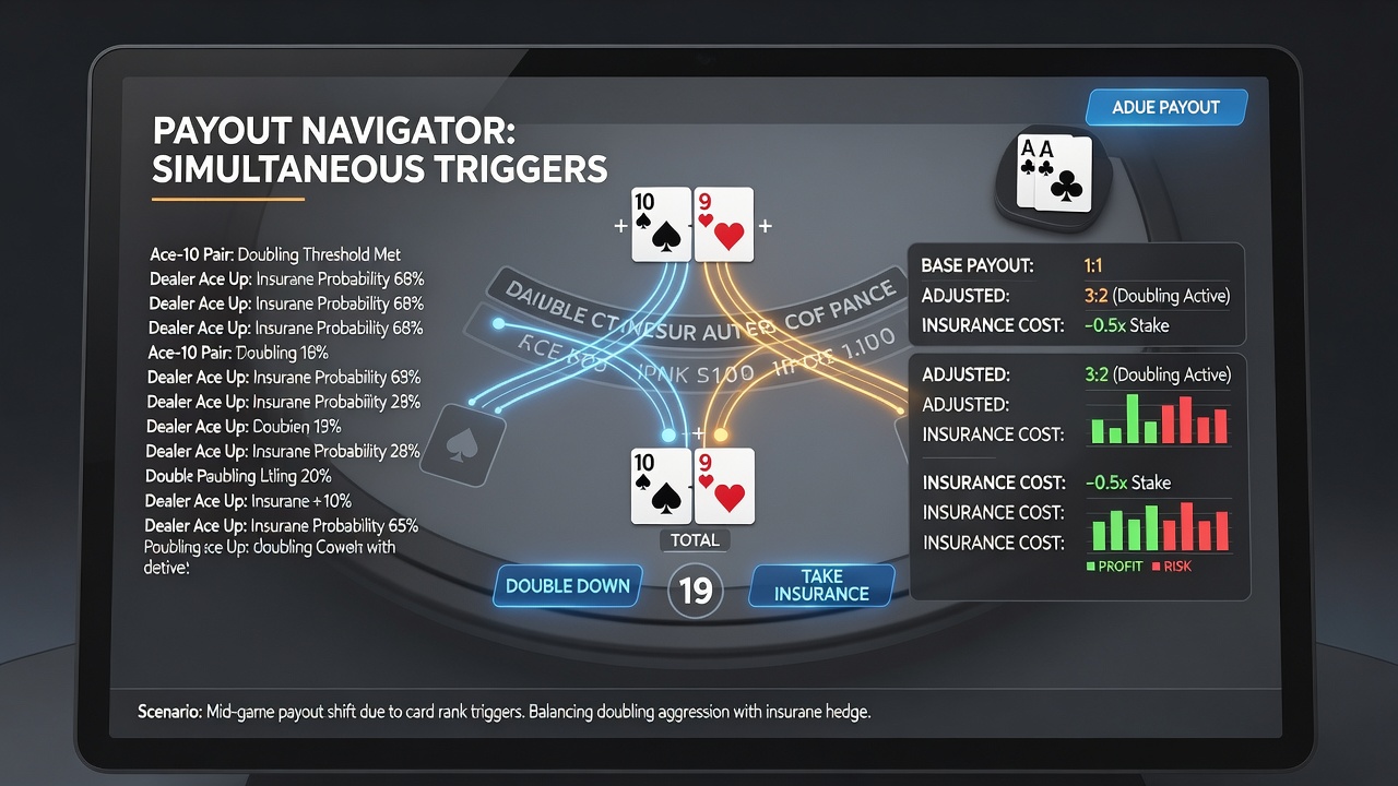 Close-up of blackjack cards illustrating simultaneous doubling and insurance with dealer hand constraints