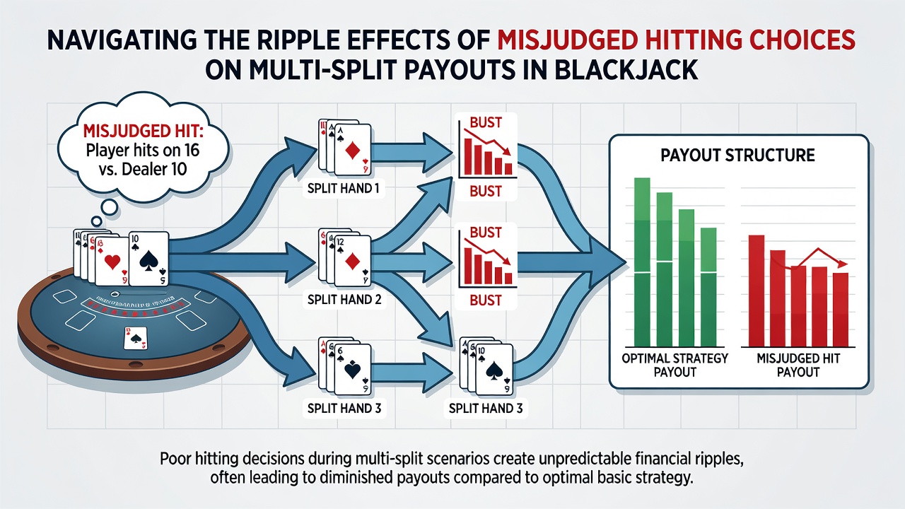 Close-up view of blackjack chips and cards arranged across several split player positions