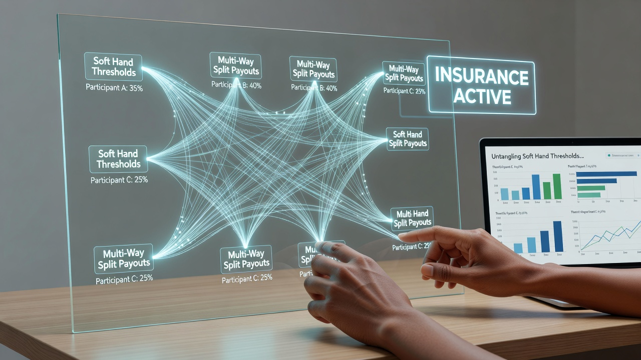 Blackjack table layout illustrating soft hand values during active splits and insurance decisions